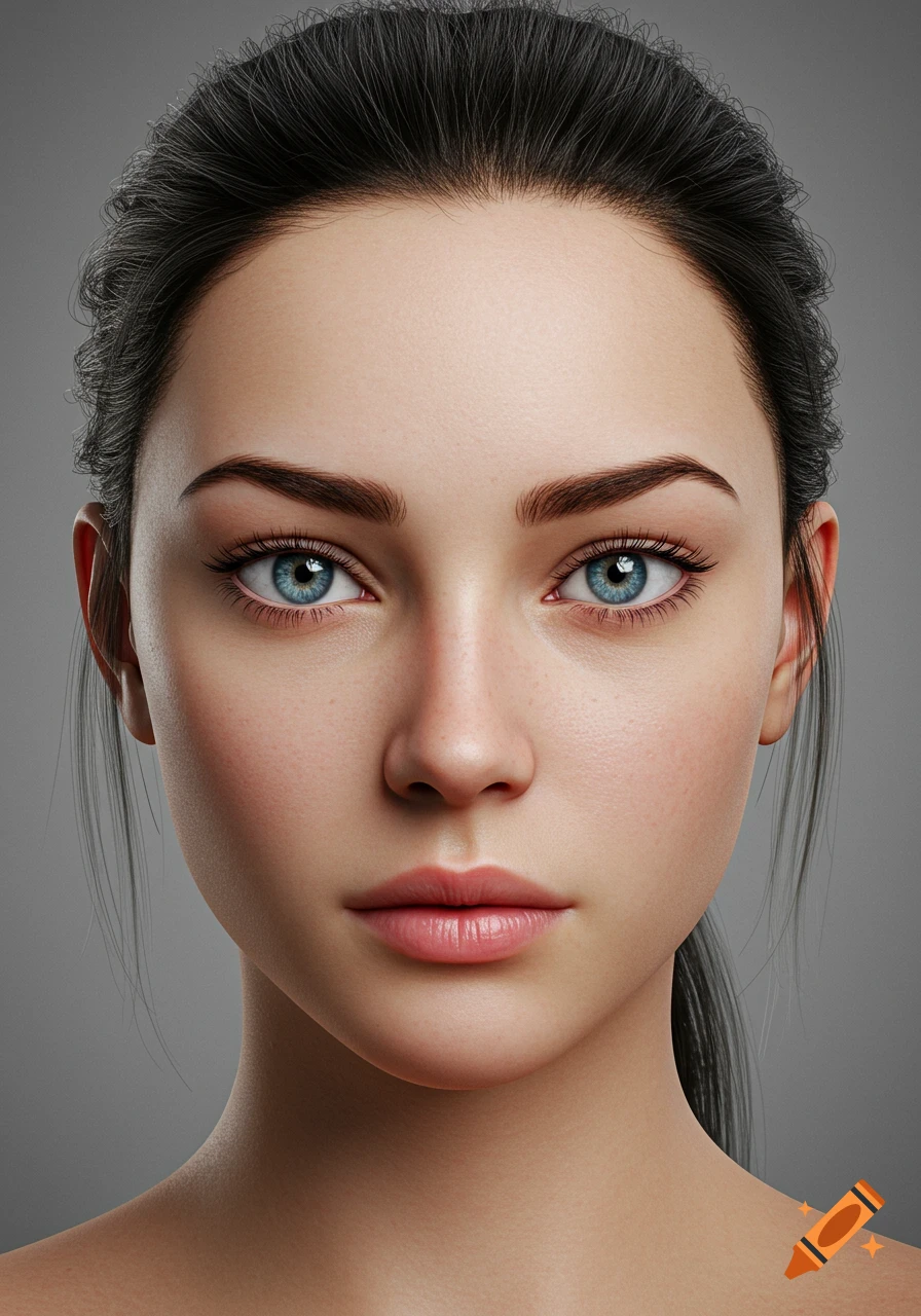 Close-up photorealistic portrait of a young woman with blue eyes and dark hair pulled back.