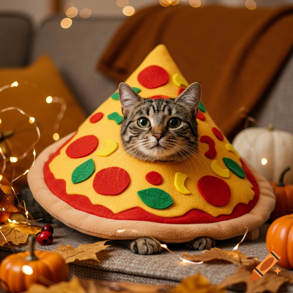 A tabby cat in a pizza costume sits amongst autumn leaves, mini pumpkins, and fairy lights.