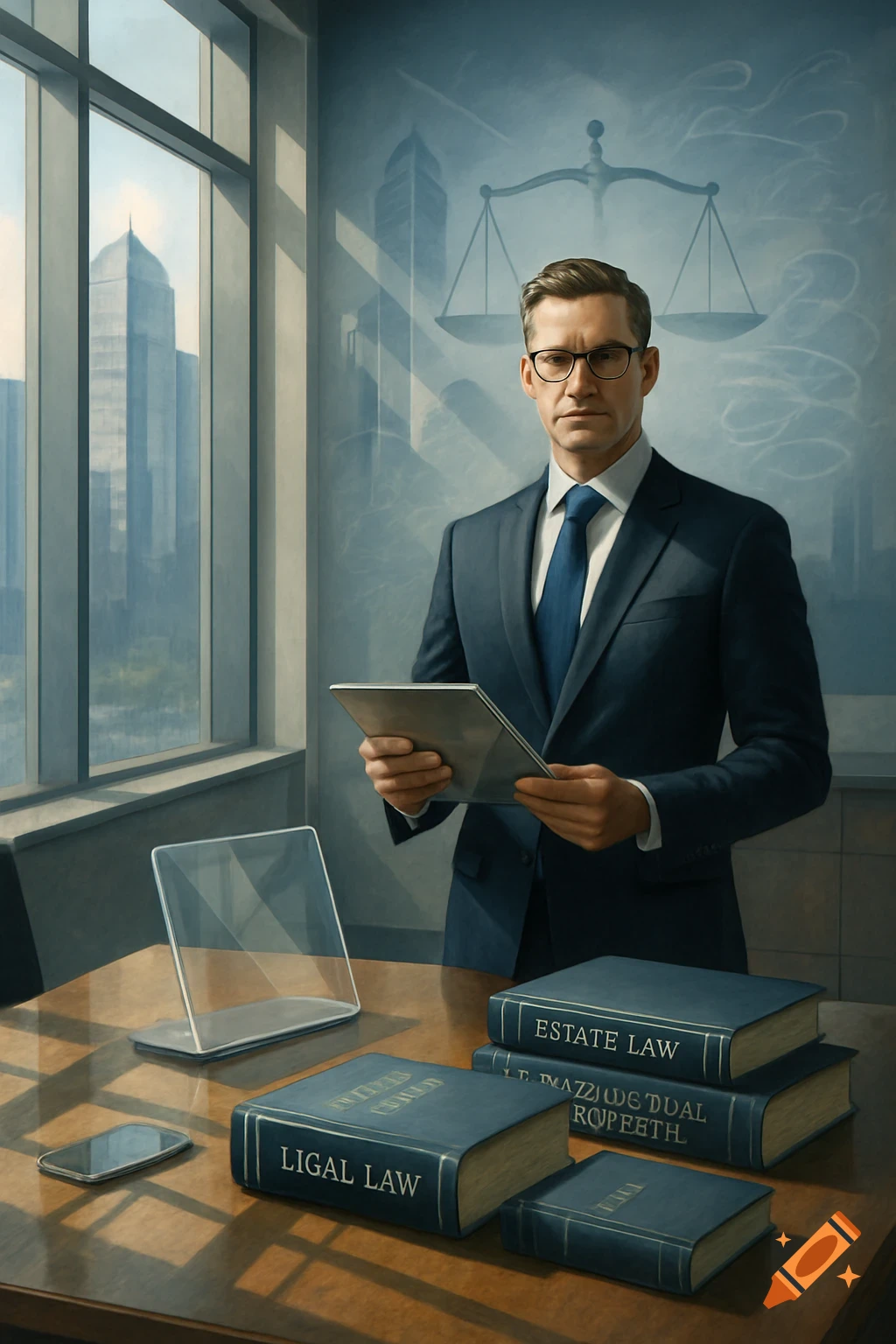 A male lawyer in a suit and glasses stands with a tablet at his desk, flanked by law books and a city view.