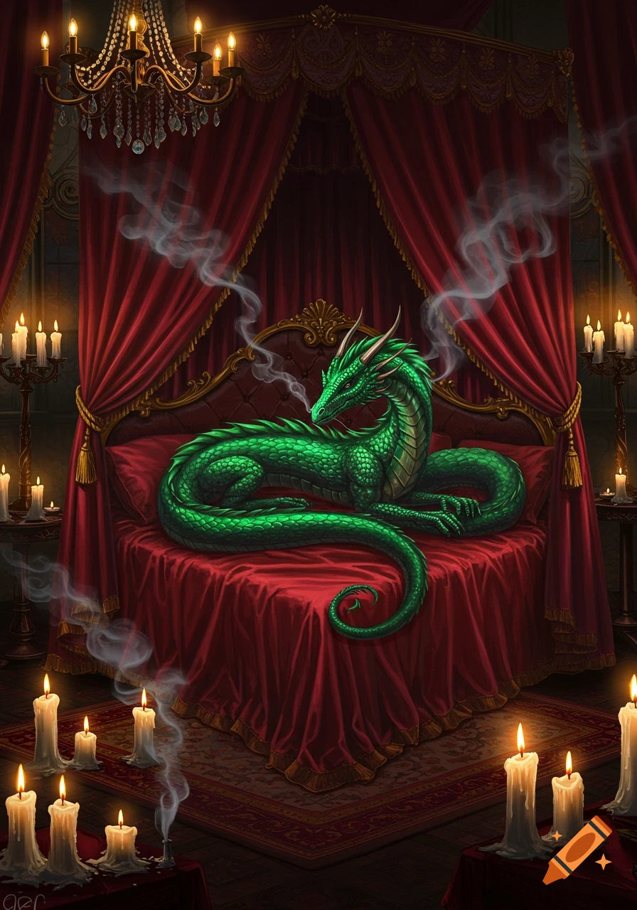 A green dragon rests on a lavish red bed in a candlelit room with velvet curtains and a chandelier.