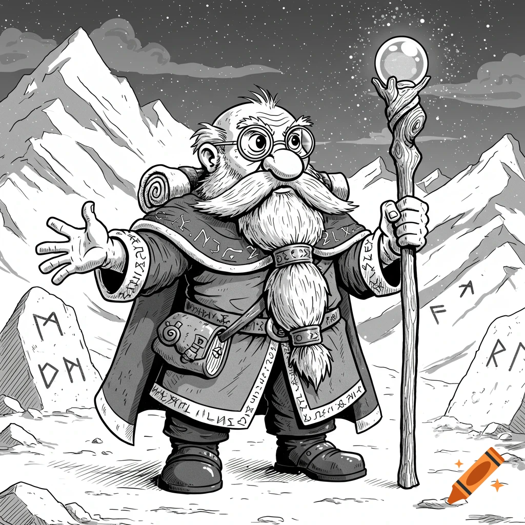 A black and white cartoon drawing of a nerdy, bearded dwarf wizard in a cloak and staff, standing amidst snowy mountains and runestones under a starry sky.