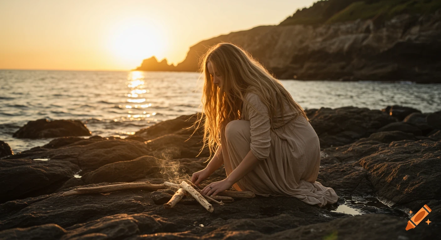 A young woman with long blonde hair kneels on a rocky beach at sunset, arranging driftwood for a bonfire. Photorealistic cinematic still.
