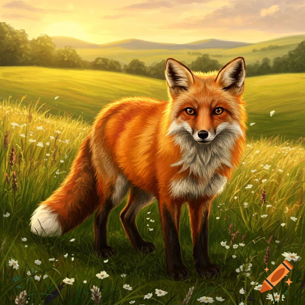 A vibrant red fox stands in a sunlit grassy field with white wildflowers, looking forward. Digital painting.
