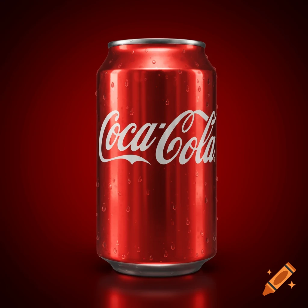 A photorealistic red metallic Coca-Cola can with water droplets on a red background.