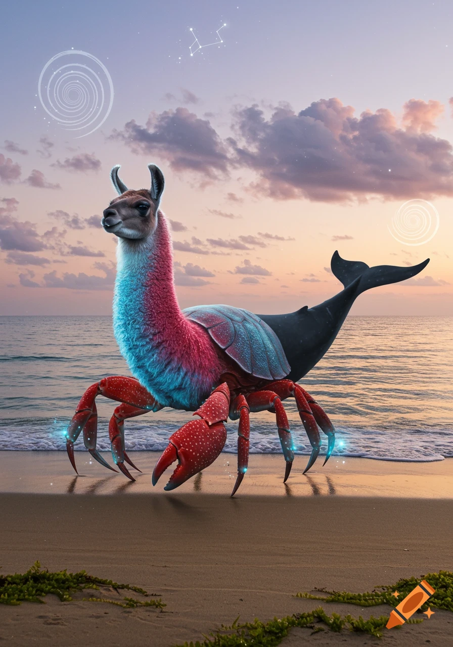 A whimsical hybrid creature with a llama head, a fuzzy pink and blue neck, a shelled crab body with red legs, and a whale tail, stands on a sandy beach at sunset.