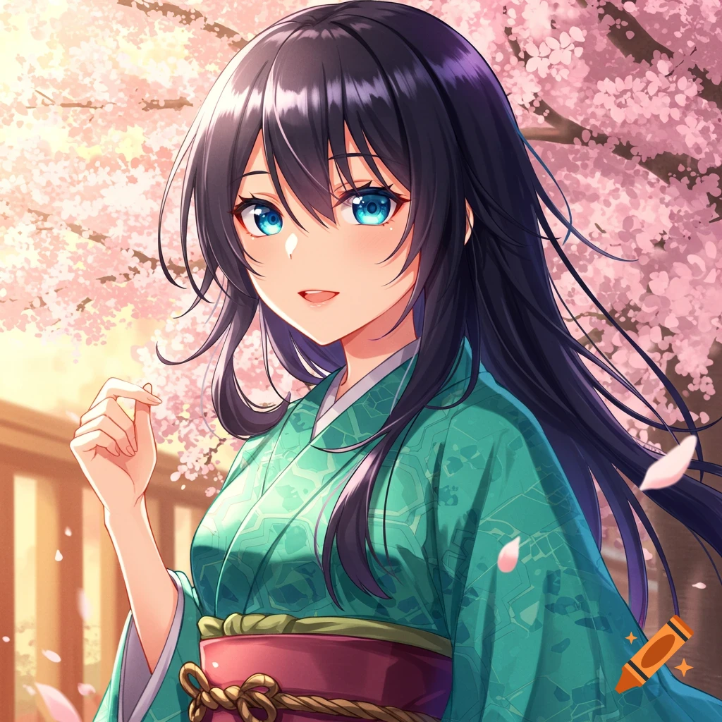 Anime girl with dark hair and blue eyes in a green kimono, smiling softly under pink cherry blossoms.