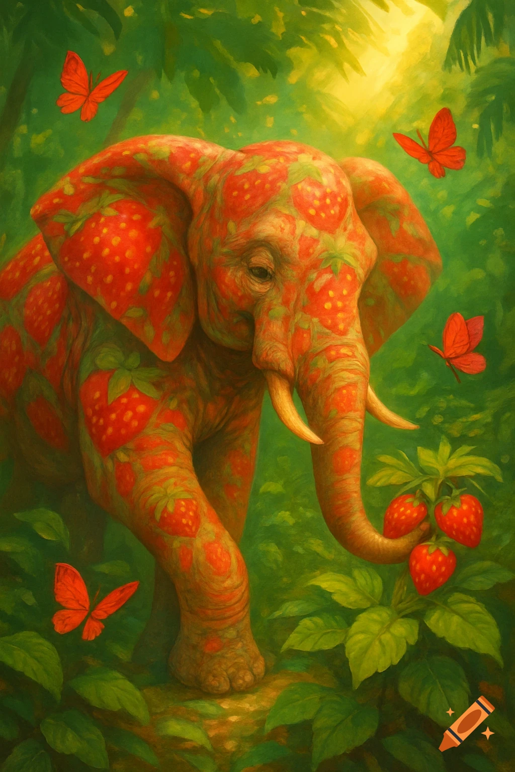 A large, red strawberry-patterned elephant stands in a vibrant green jungle, surrounded by red butterflies and holding strawberries with its trunk. Painterly style.