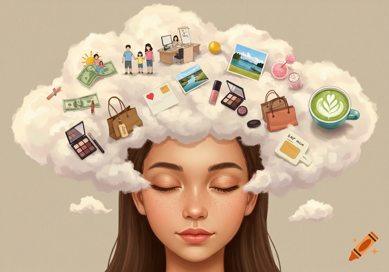 An illustration of a girl with closed eyes and a thought cloud above her head filled with images of family, career, money, travel, makeup, shopping, and matcha.