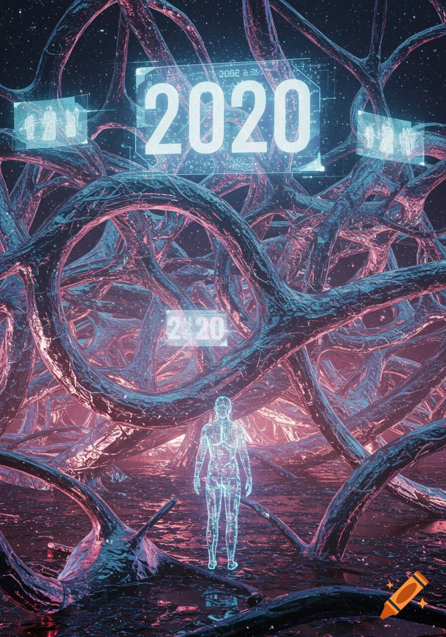 A glowing blue outlined human figure stands on a dark, root-like surface under a starry sky, with a large '2020' digital display above.