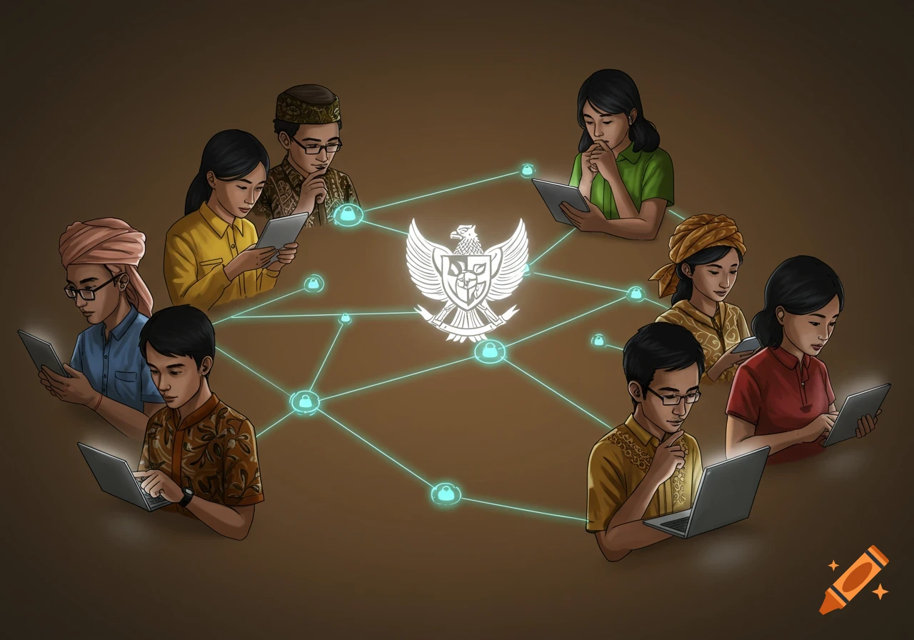 Illustration of diverse people from various cultures using laptops and tablets, connected by glowing network lines centered around a radiant Pancasila emblem.