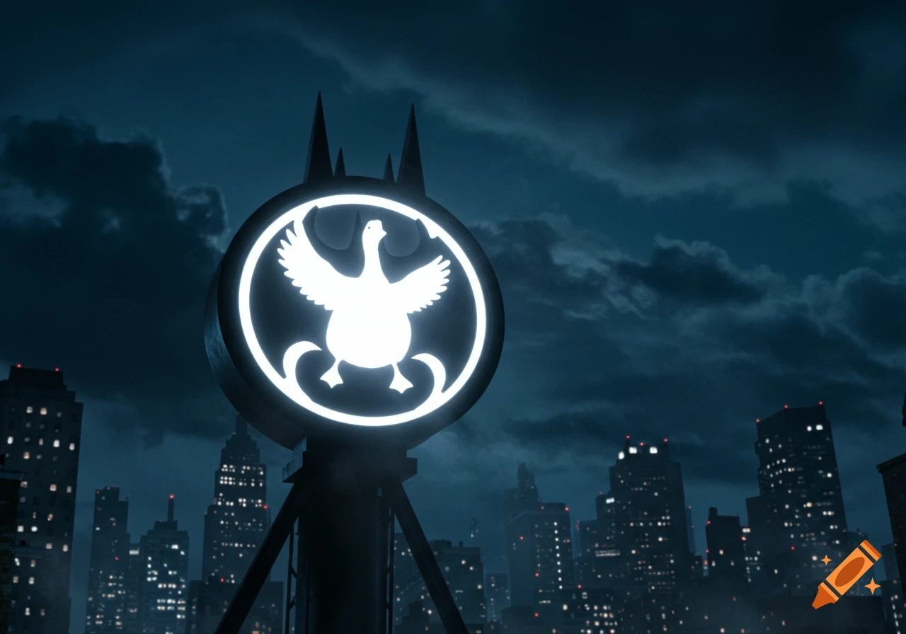 A glowing goose symbol projected onto a stormy night sky above a dark cityscape.