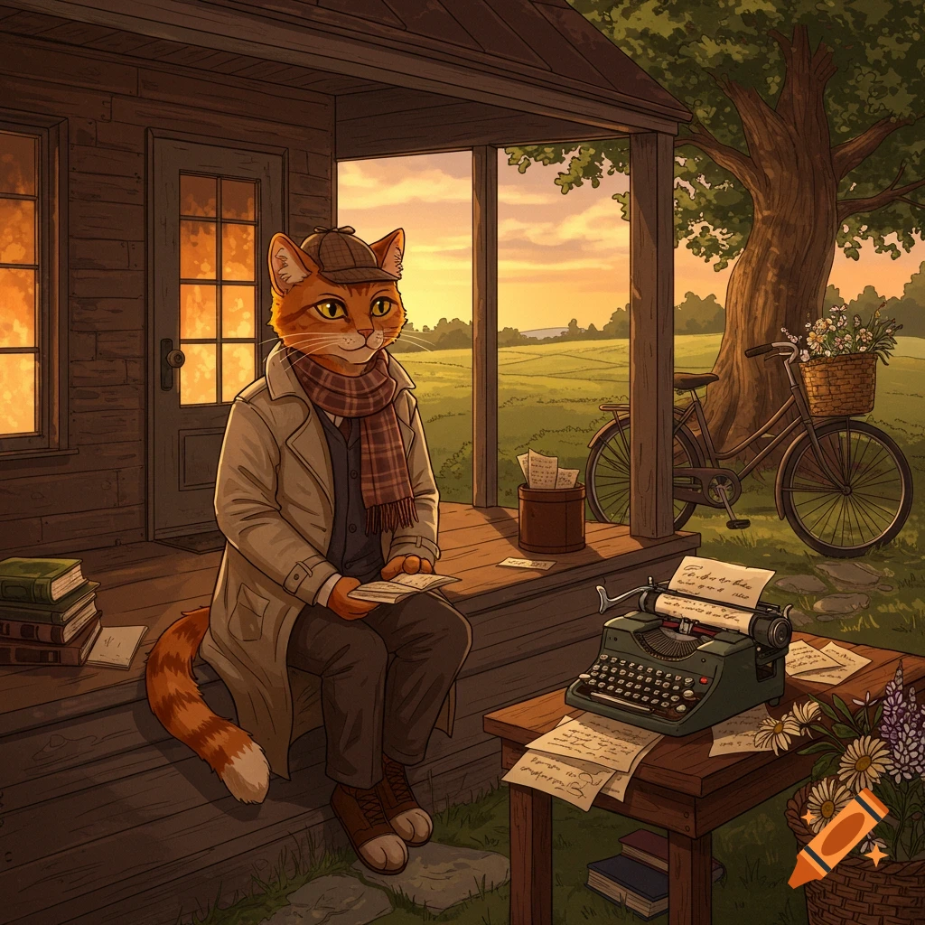 An anthropomorphic orange cat in a trench coat and scarf sits on a porch with a typewriter, a bicycle in a rural landscape at sunset.