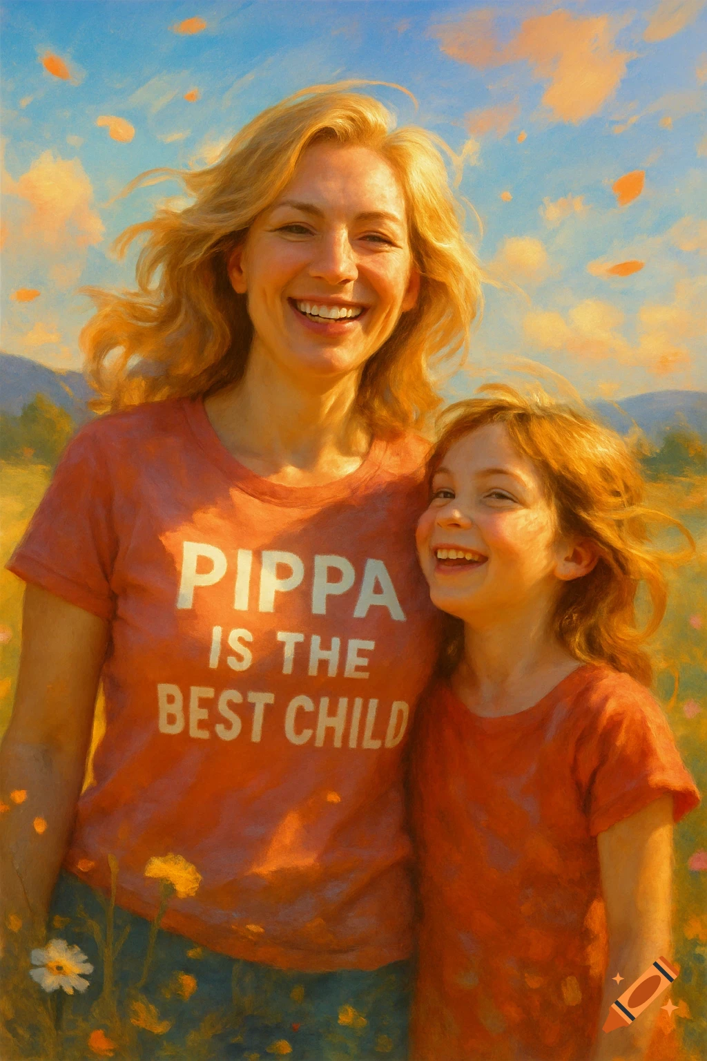 A blonde woman and a red-haired girl smile in a sunny, painterly field. The woman's shirt reads 'Pippa is the best child'.