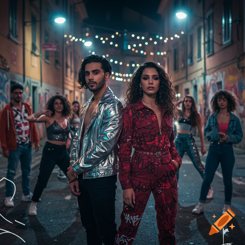 Two musicians, a man in a silver jacket and a woman in a red graffiti-covered jumpsuit, pose on a dark street with their crew under string lights.