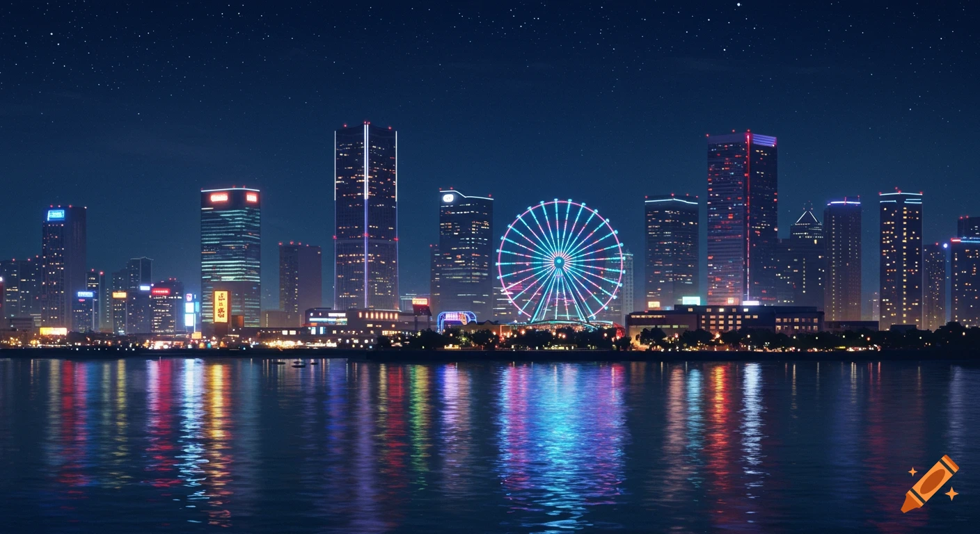 A vibrant night skyline of a modern city on water with illuminated skyscrapers, neon lights, and a colorful Ferris wheel, reflected clearly in the water beneath a star-filled sky.