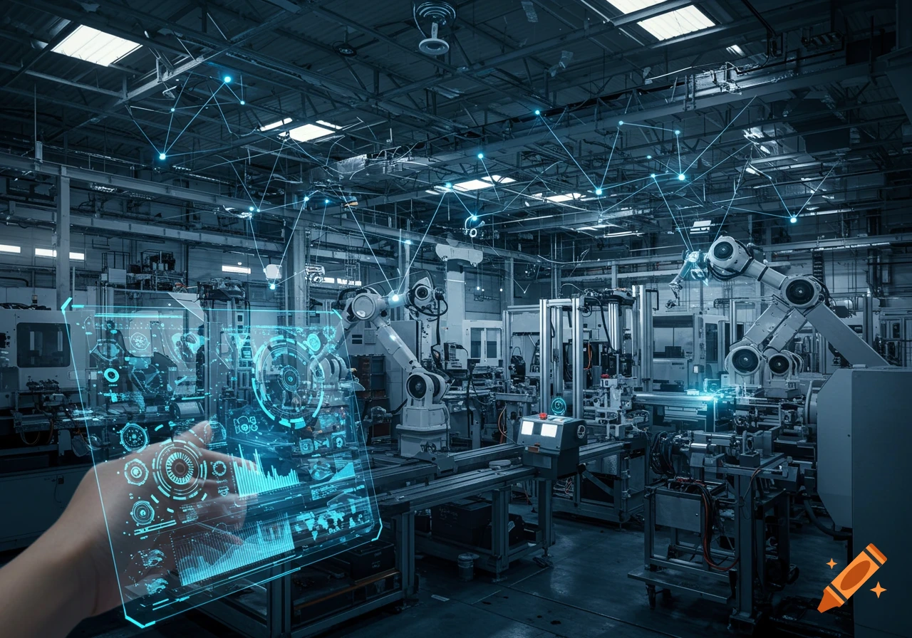 A hand interacts with a glowing blue holographic interface in a futuristic smart factory with robotic arms and industrial machinery, showcasing IoT connectivity.