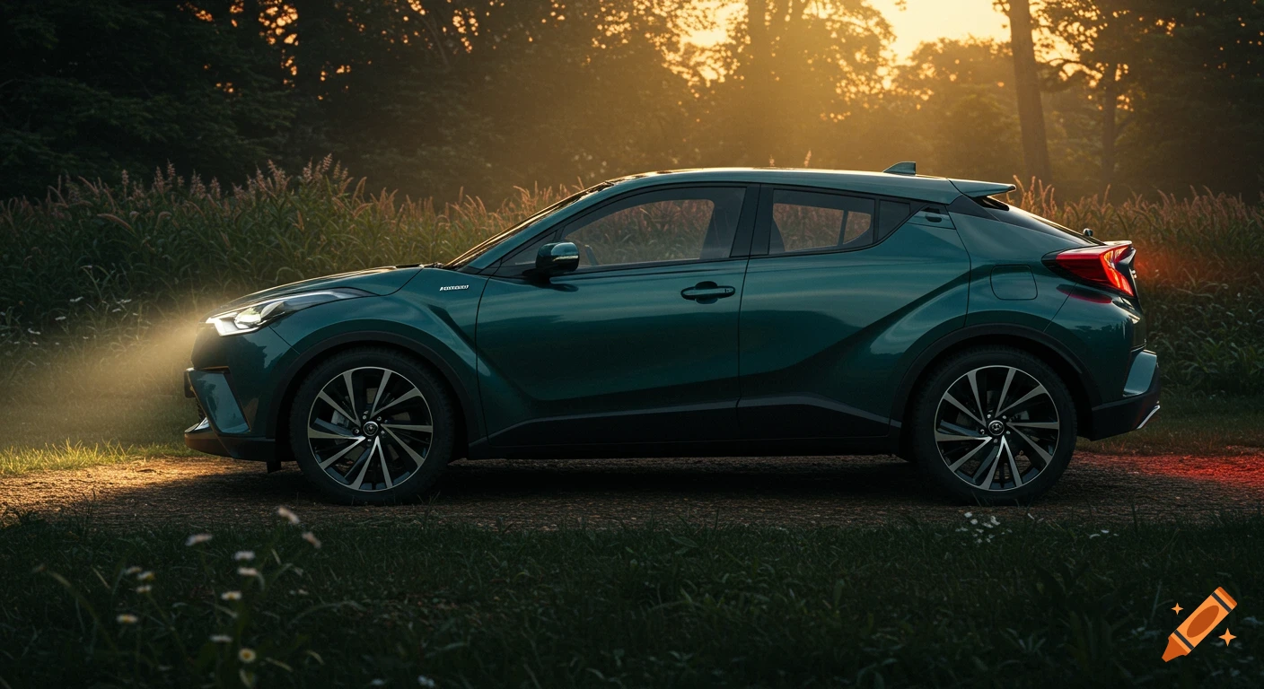 Dark teal Toyota C-HR Plug-in Hybrid on a dirt path with headlights on, illuminated by golden sunset light.