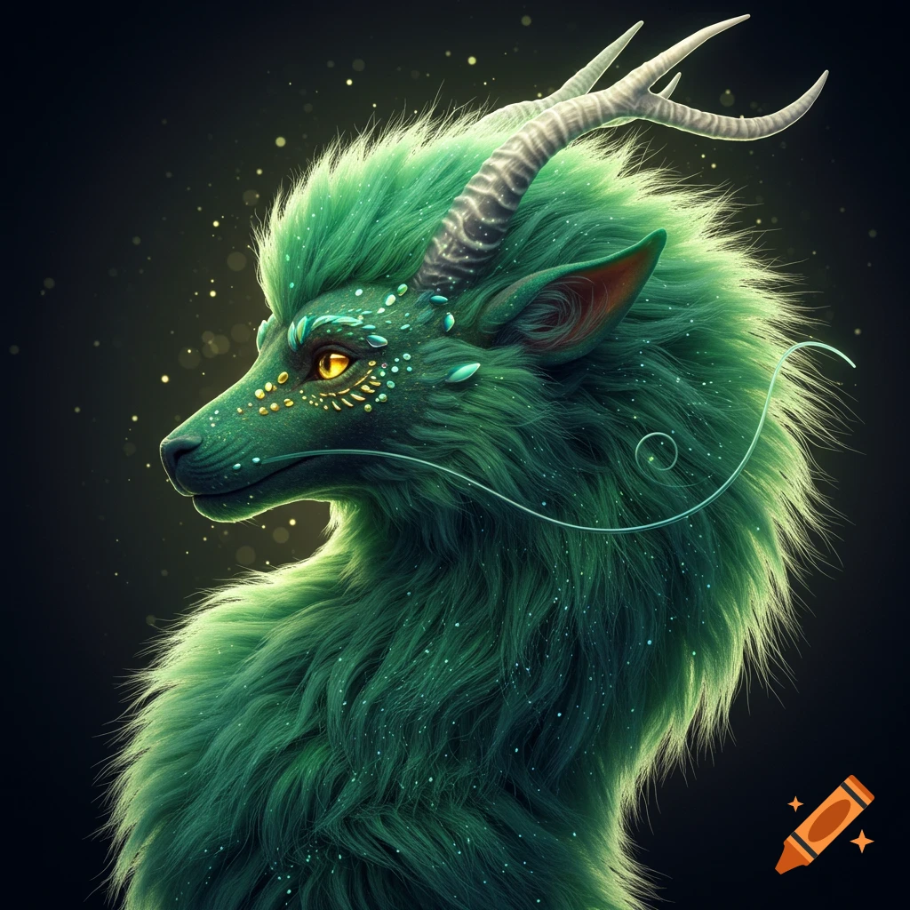 Detailed profile of a vibrant green furry fantasy creature with glowing yellow eyes, horns, and ethereal speckles.
