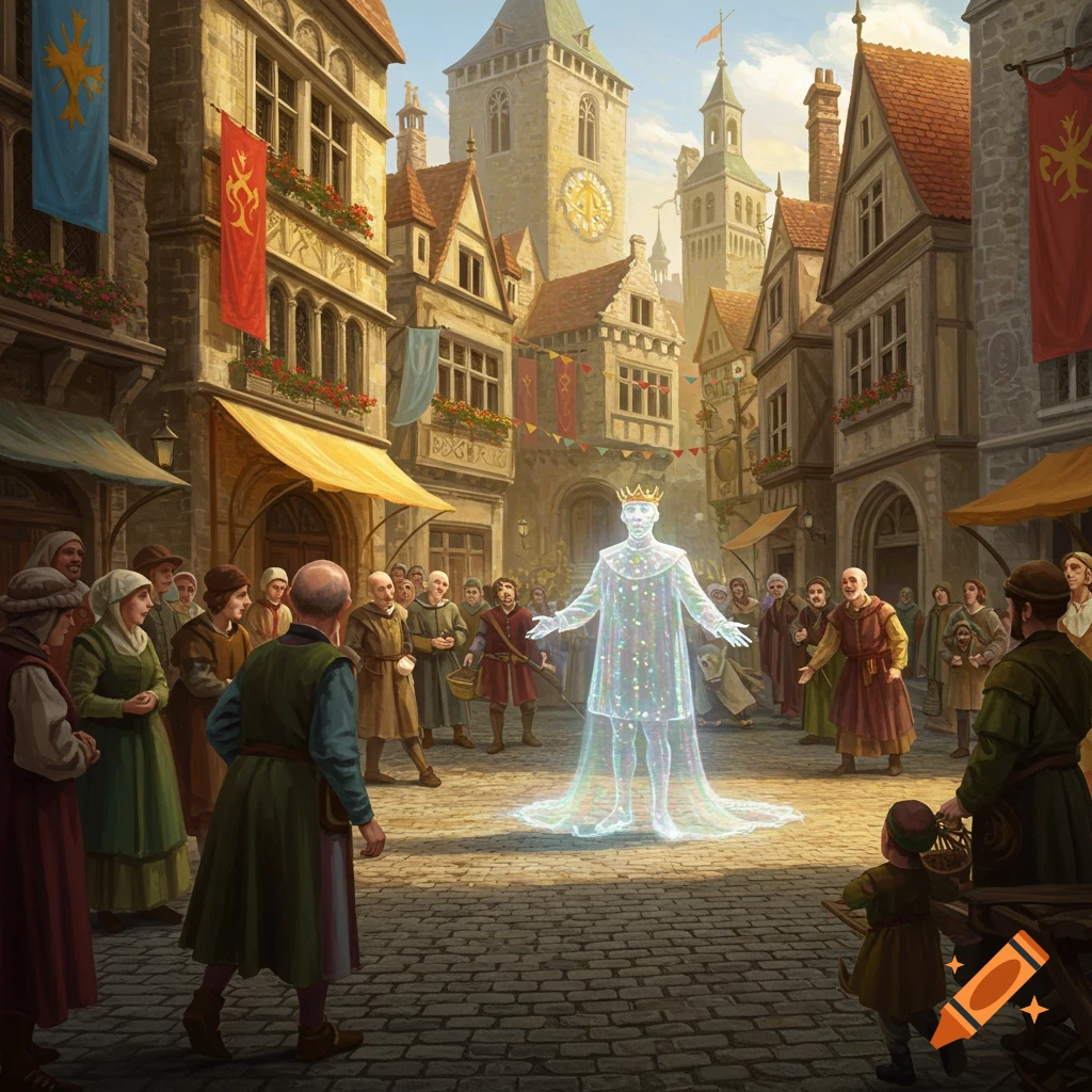 A translucent, sparkling king stands in a medieval town square, surrounded by a crowd of people looking on.