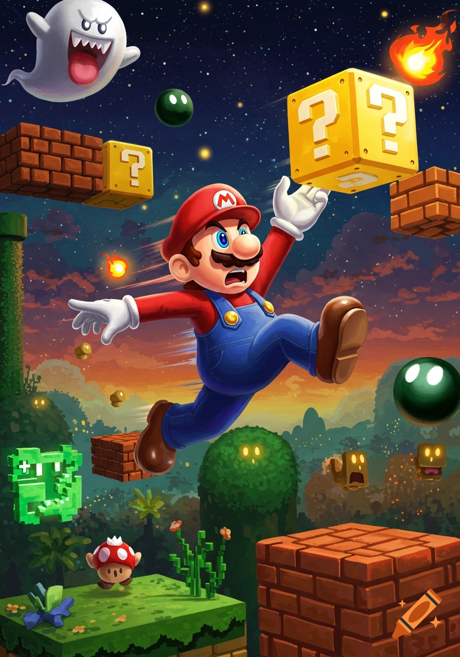 Mario jumps in a vibrant, cartoonish Super Mario level at night, hitting a question block. A Boo ghost and other enemies are visible.