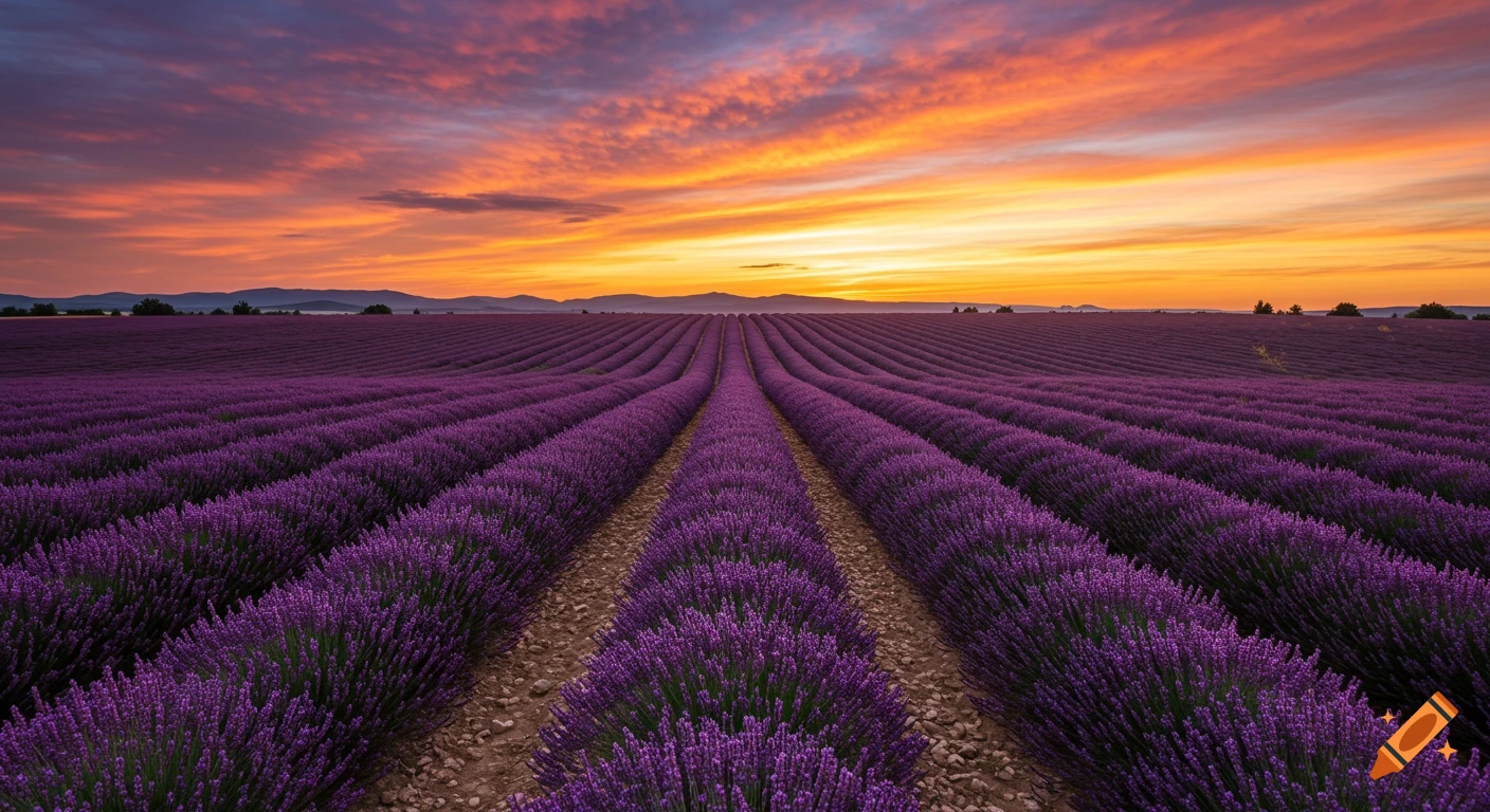 A vast lavender field stretches towards the horizon under a vibrant orange and purple sunset sky.