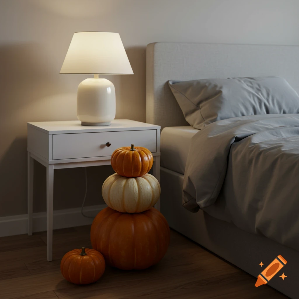 A bedroom scene with three stacked pumpkins (one cream) and one small pumpkin on the floor next to a white nightstand with a lamp, beside a bed with gray sheets. Photorealistic.
