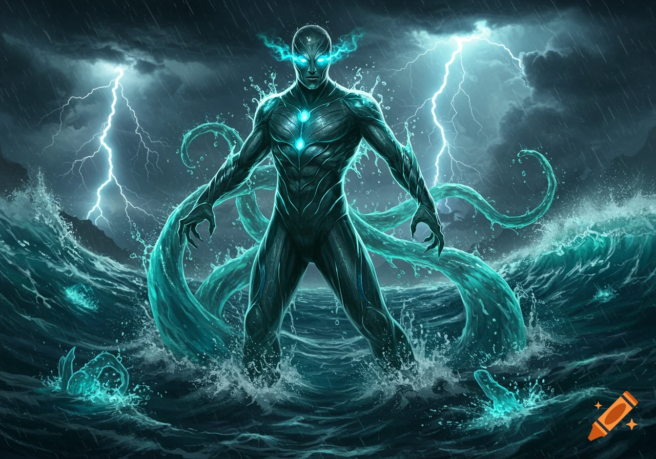 A powerful, glowing, humanoid water figure stands in a stormy, lightning-filled sea, in a dramatic digital art style.