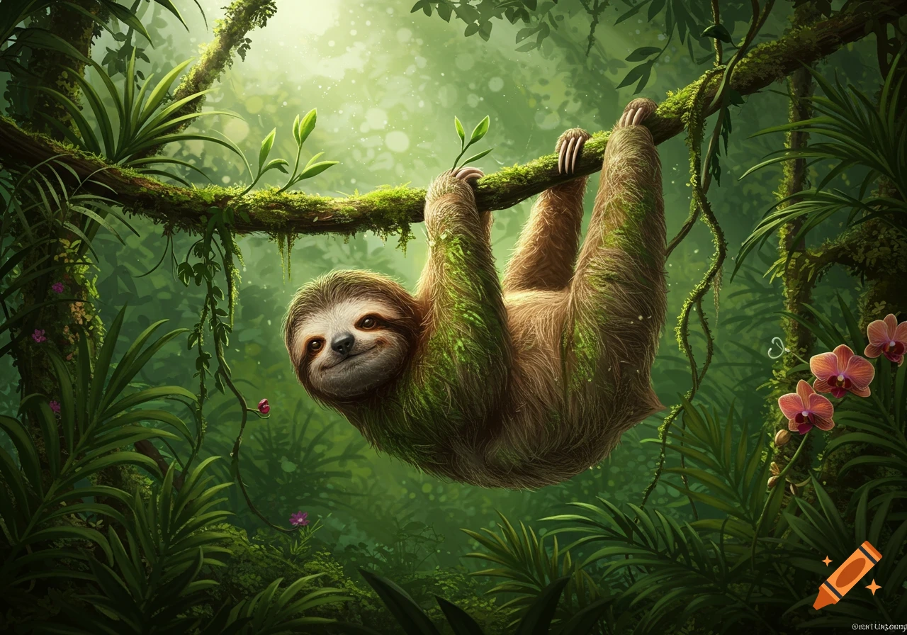 A friendly sloth hangs upside down from a mossy tree branch in a vibrant, sun-dappled rainforest.