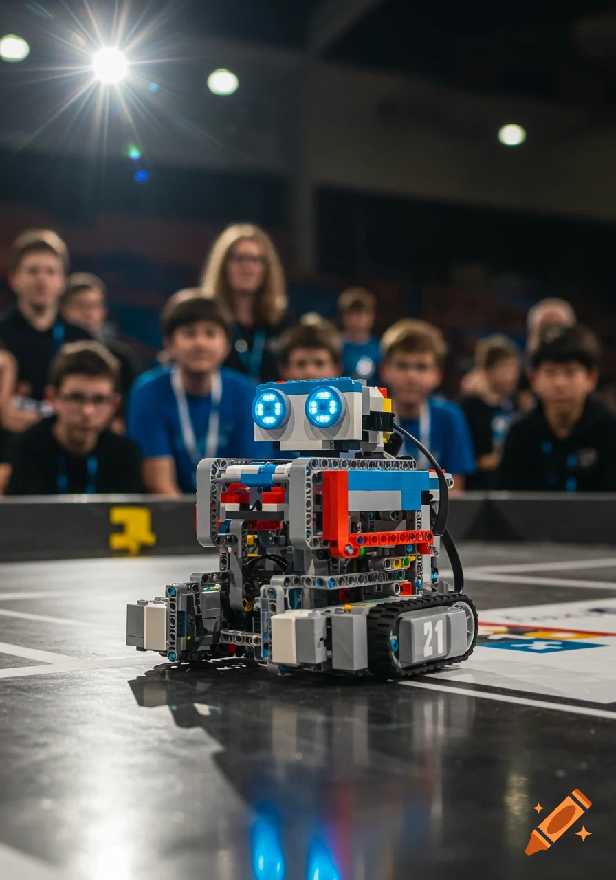 A photorealistic image of a grey and blue Lego robot with glowing blue eyes on a dark competition surface, with children blurred in the background.