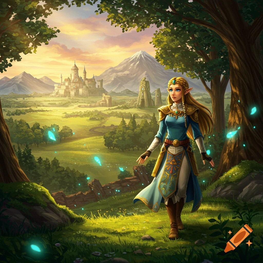 Princess Zelda in a fantasy landscape with a distant castle and mountains, walking through a green field with glowing blue spirits.