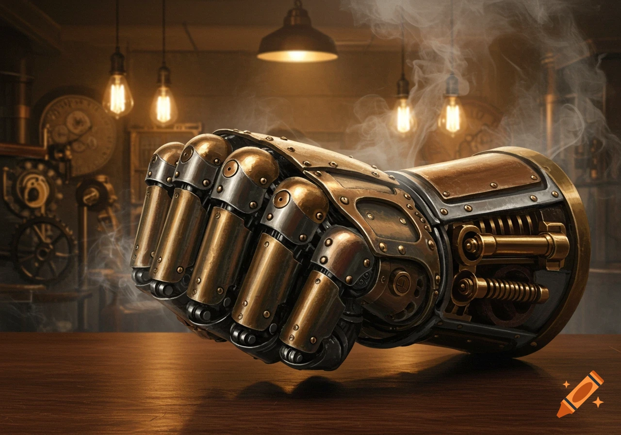 A detailed steampunk mechanical fist of brass and steel rests on a wooden table in a smoky, dimly lit workshop.
