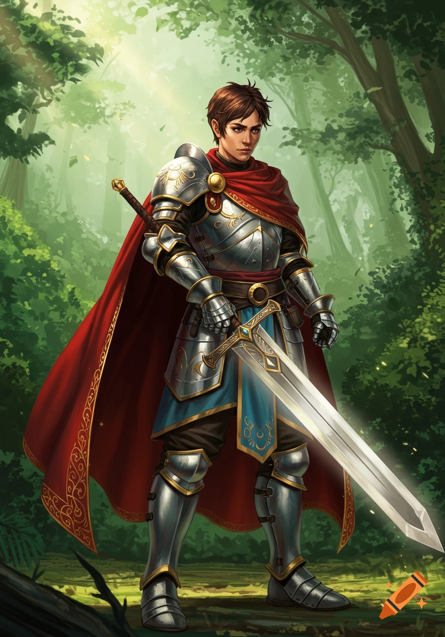 A young, brown-haired paladin in silver armor, a red cloak, and blue accents wields a large sword in a sunlit forest. Digital painting.