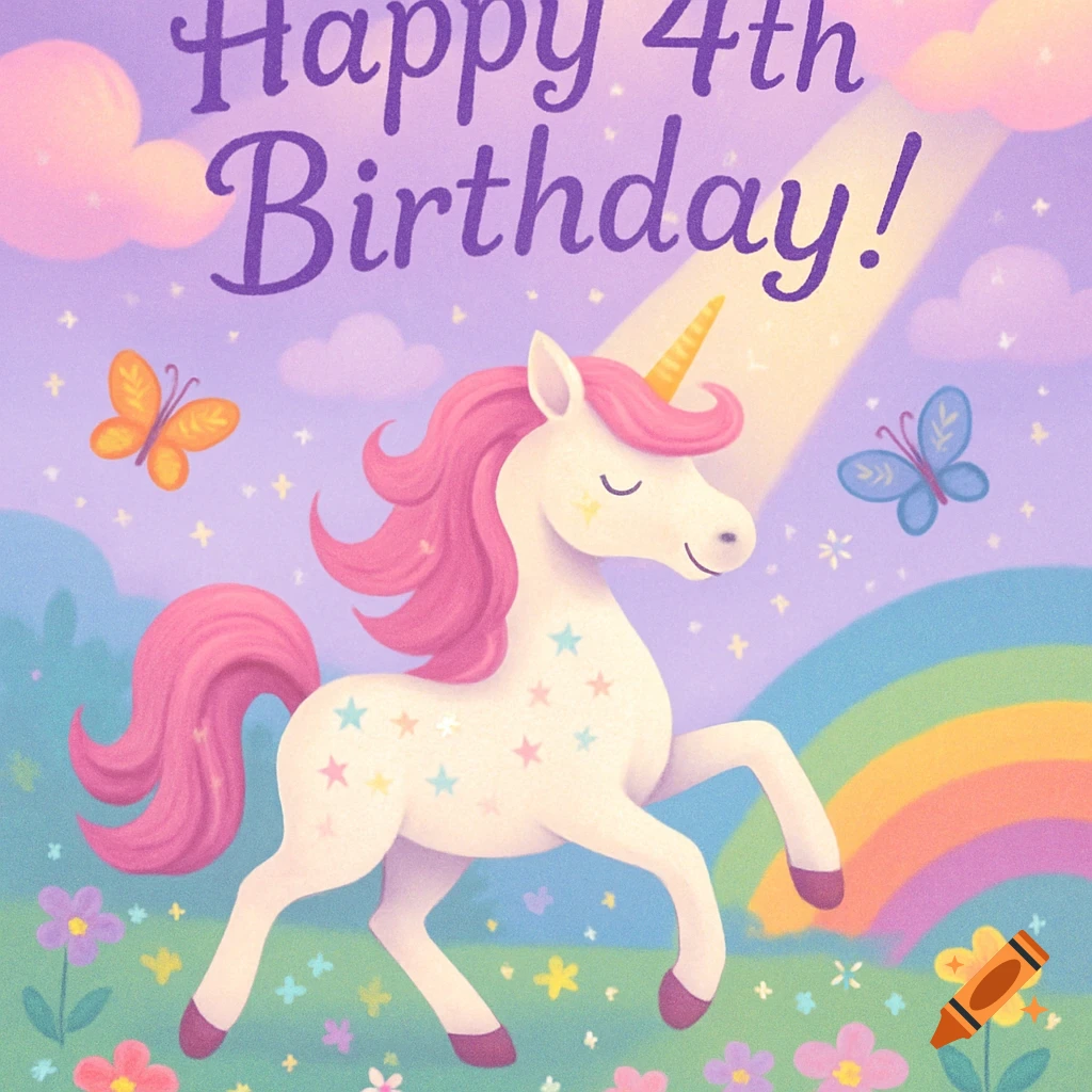 A whimsical unicorn with pink mane, covered in stars, prances in a flowery field under a rainbow and butterflies, with 'Happy 4th Birthday!'.