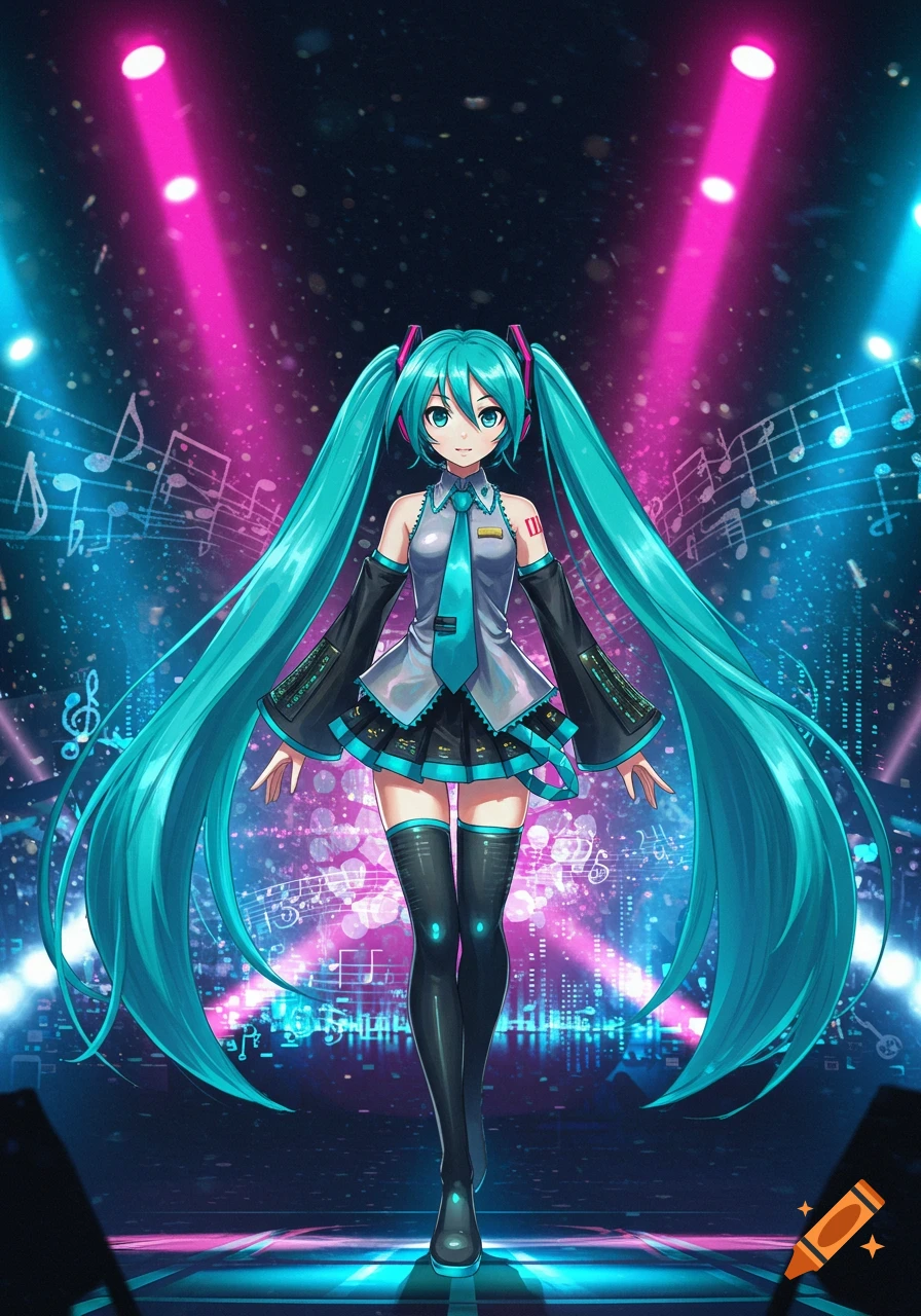 Full-body anime character Hatsune Miku with long blue pigtails in a uniform on a stage with pink and blue spotlights and musical notes.
