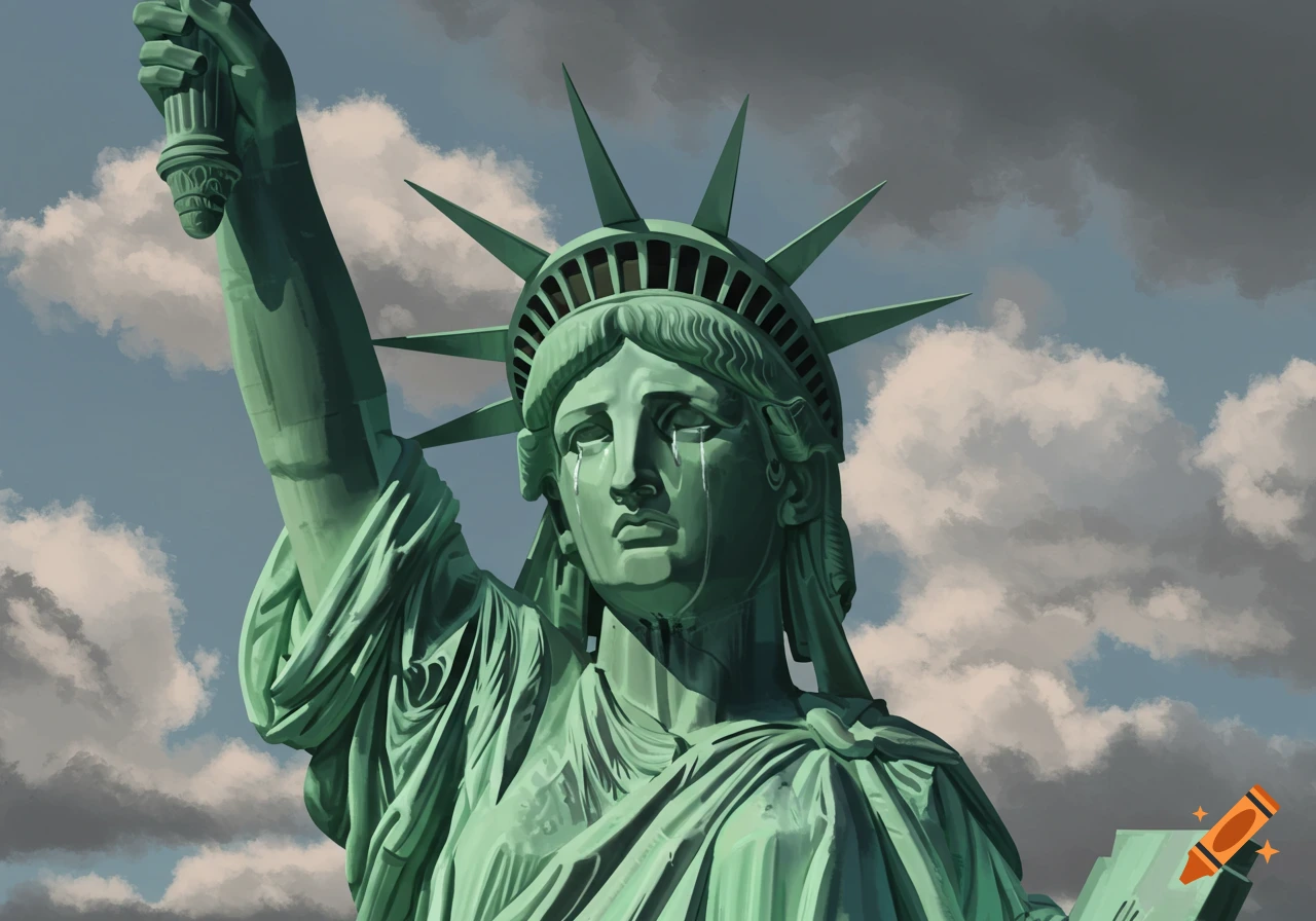 Close-up of the Statue of Liberty crying, tears streaming down its face, against a dramatic cloudy sky, stylized illustration.