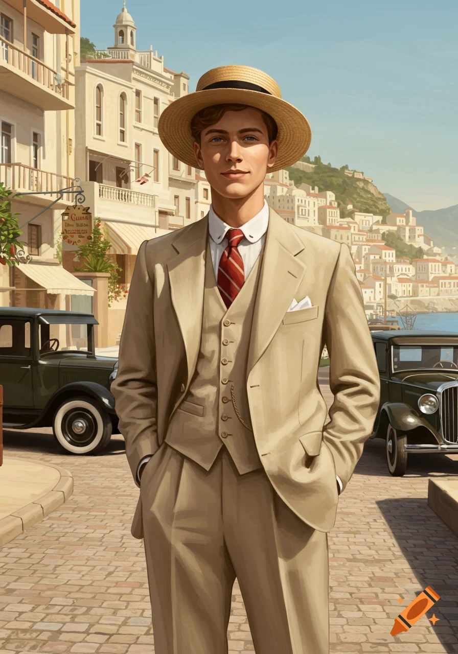 A man in a 1920s straw hat and suit stands on a cobblestone street in a coastal city with classic cars.