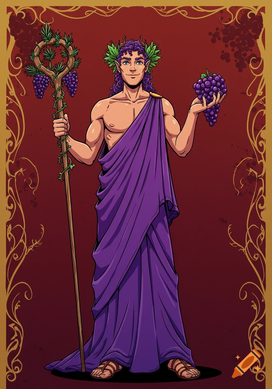 Comic style illustration of a young Dionysus with purple curly hair, wearing a purple toga, holding grapes and a thrysus staff.