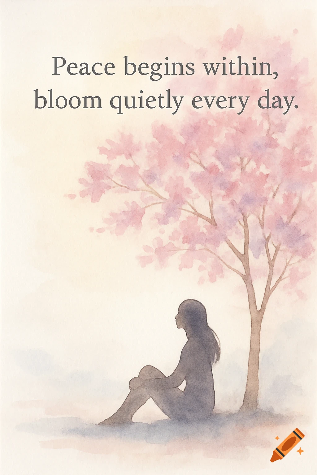 Watercolor of a female silhouette sitting under a pink cherry blossom tree, with text: 'Peace begins within, bloom quietly every day.'