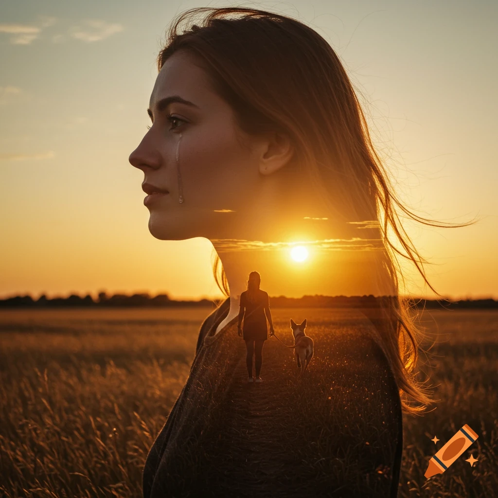 Photorealistic double exposure of a crying woman in profile, featuring a silhouette of a woman and dog walking in a golden field at sunset.