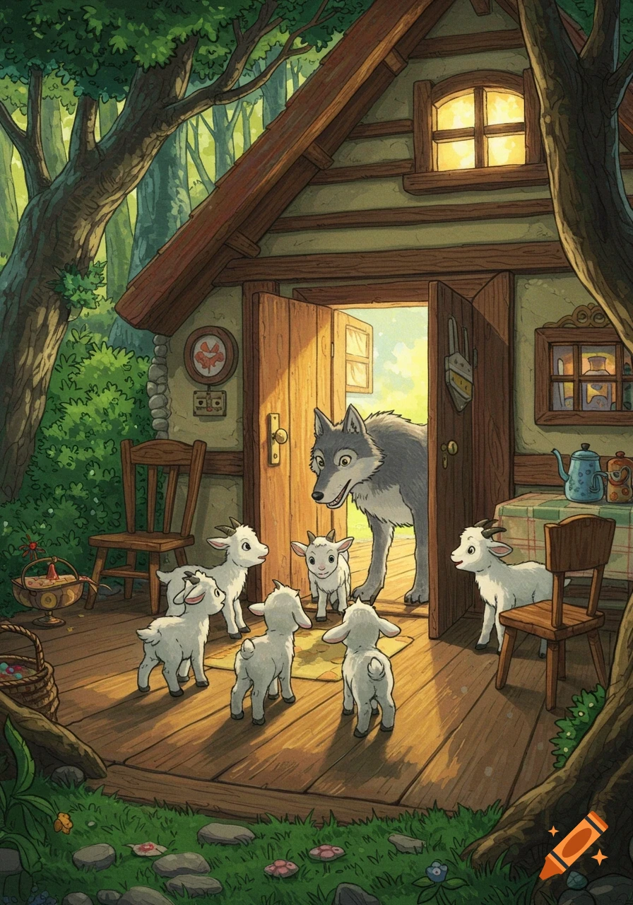 A cartoon wolf stands at the open door of a wooden cottage, looking at five small white goats on the porch in a Ghibli-style forest scene.