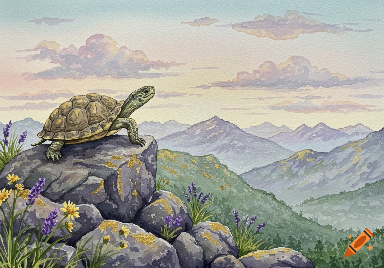 A watercolor painting of a turtle on a rocky mountaintop overlooking distant mountains and a cloudy sky at sunset.