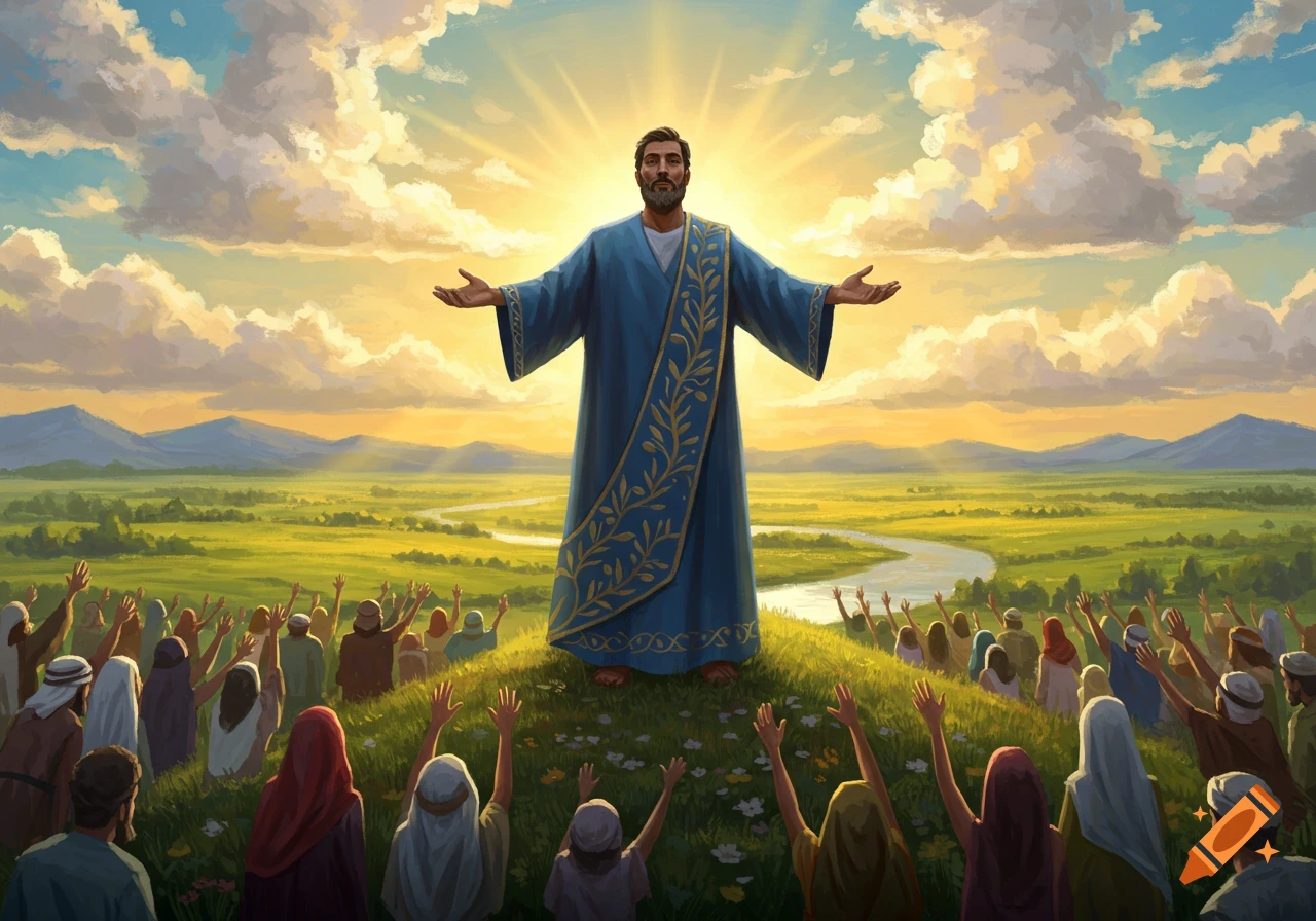 A man in robes stands on a hill with arms outstretched, radiant light behind him, addressing a crowd with raised hands in a green landscape.