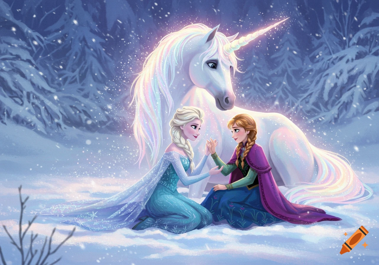 Elsa and Anna from Frozen sit in the snow, petting a magical rainbow unicorn in a snowy forest.