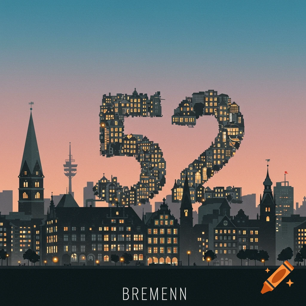Stylized illustration of a city skyline at dusk with buildings forming the number 52. The word 'BREMENN' is at the bottom.