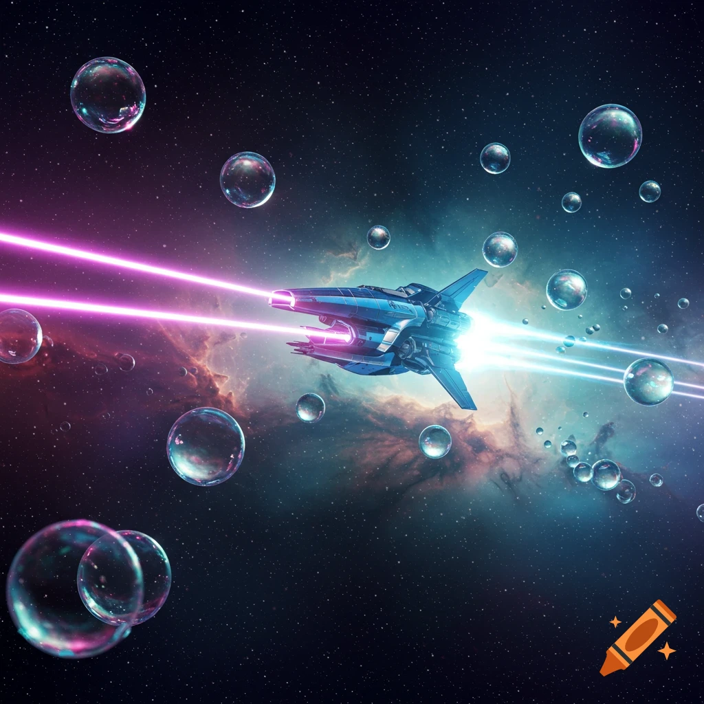 A blue spaceship shoots pink and blue lasers at numerous glowing bubbles in a colorful nebula space scene.