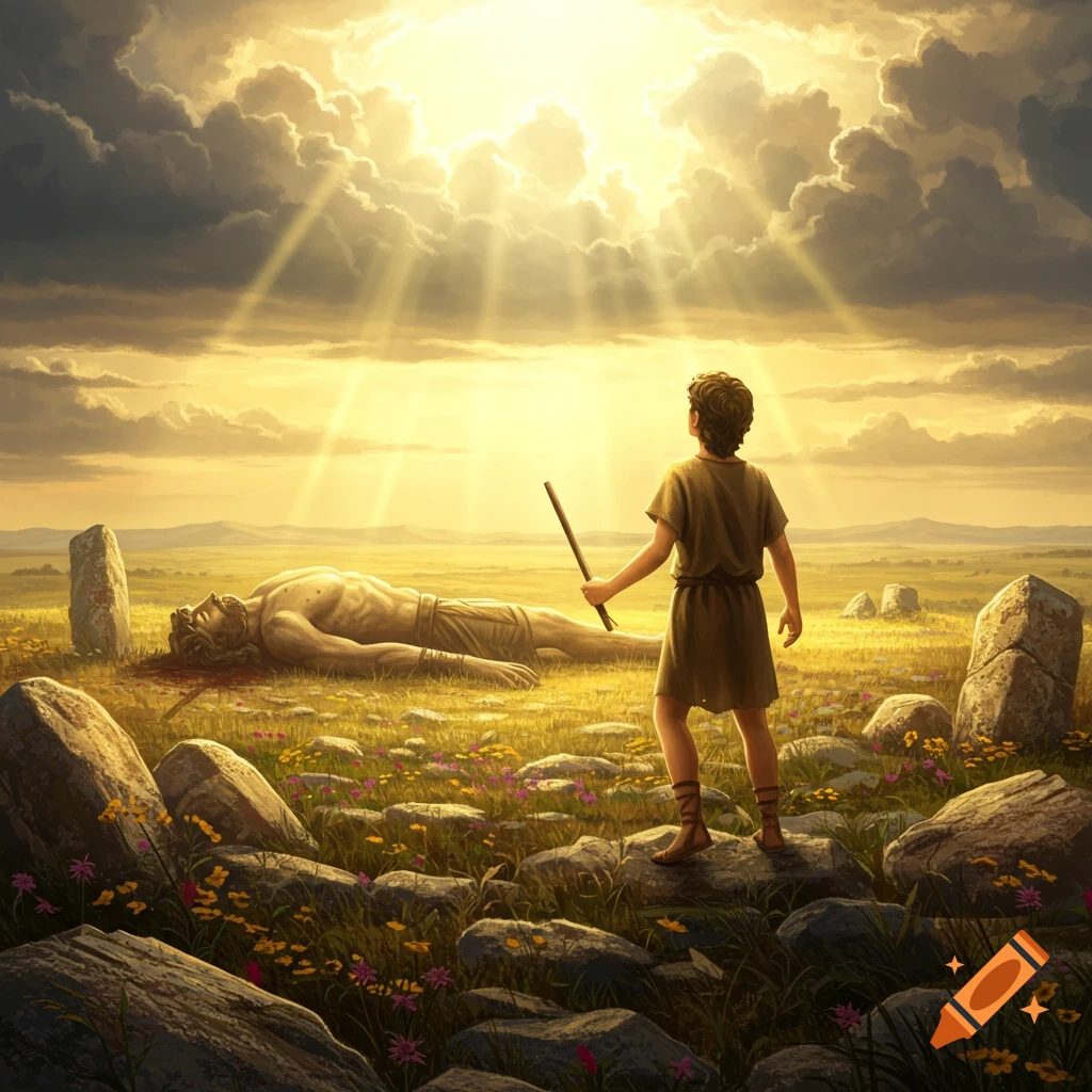 A young boy with a staff stands over a large, fallen man in a sunlit field under dramatic clouds, depicting David and Goliath.