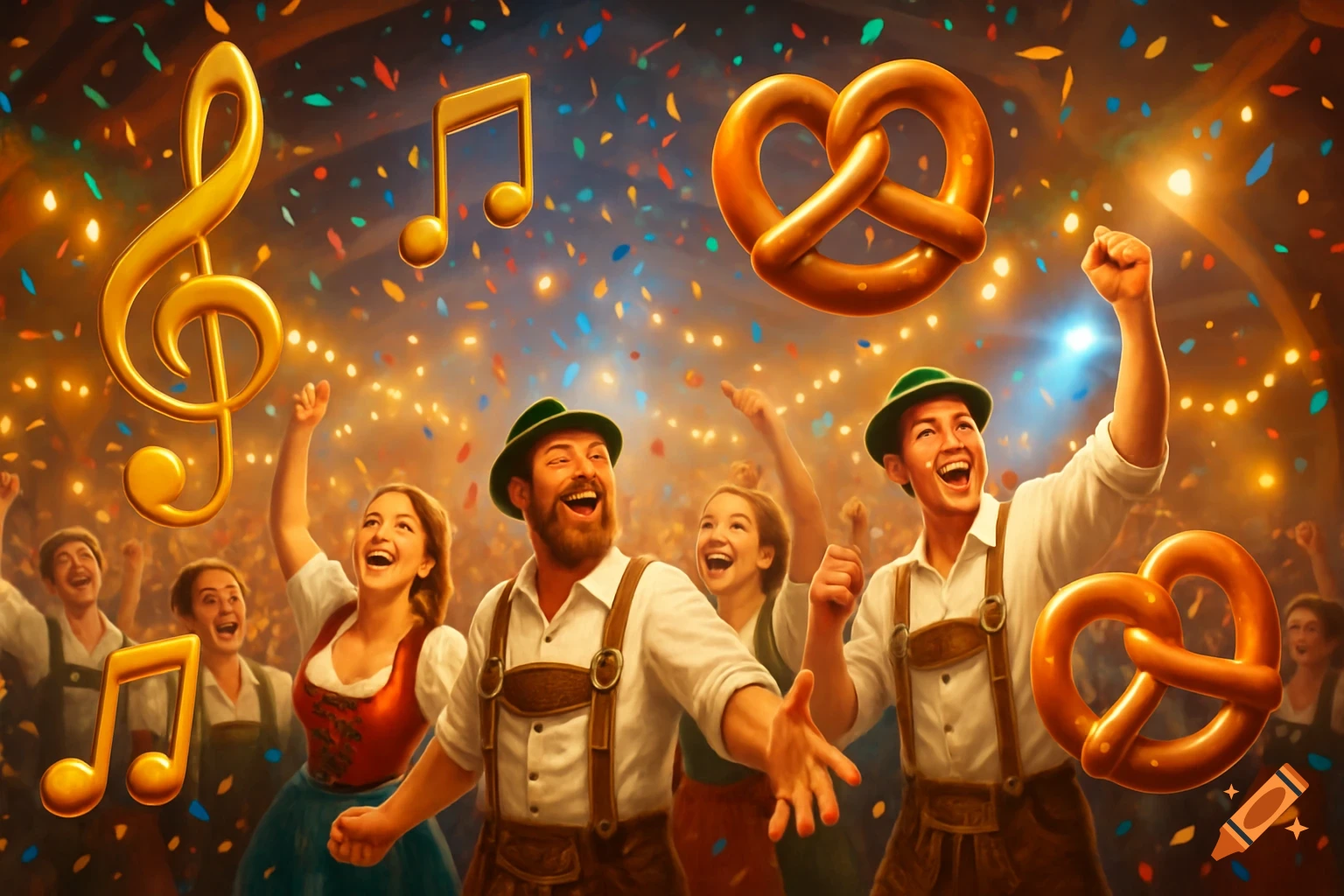 Vibrant 3D-style German festival with cheering people in traditional attire, golden music notes, pretzels, and confetti under warm lights.
