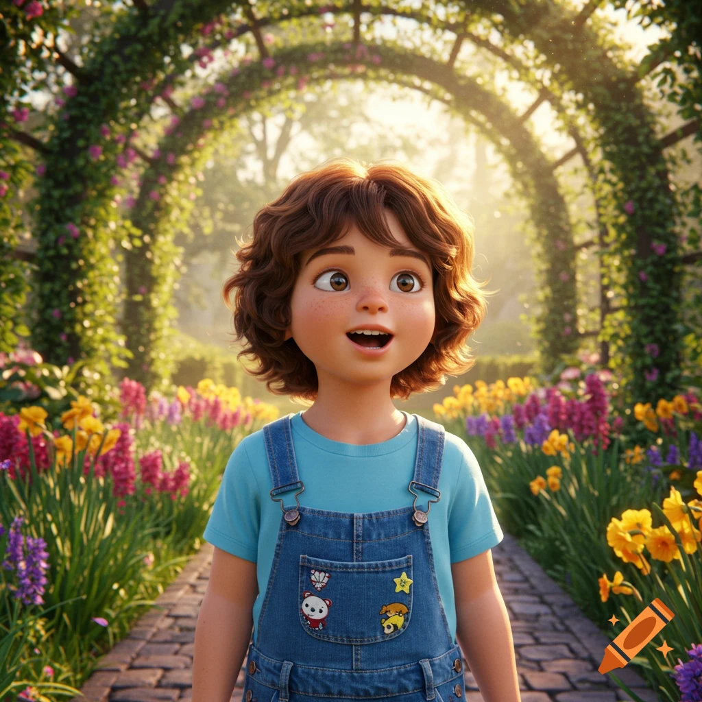 A wide-eyed, animated child with brown curly hair and freckles stands on a brick path in a sunny, colorful garden with a floral archway.