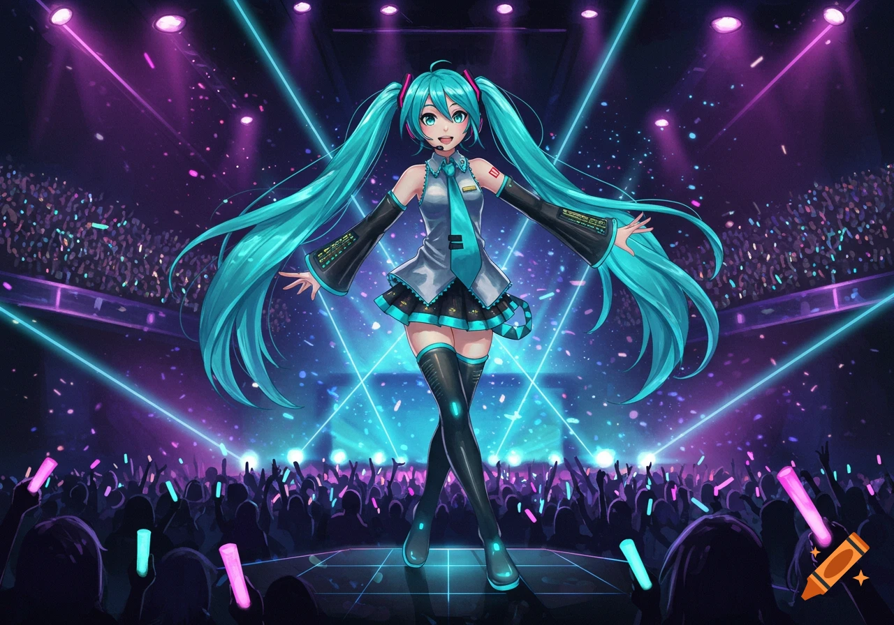 Anime character Hatsune Miku performs on a vibrant concert stage, arms spread, with neon blue and purple lights and a cheering crowd.