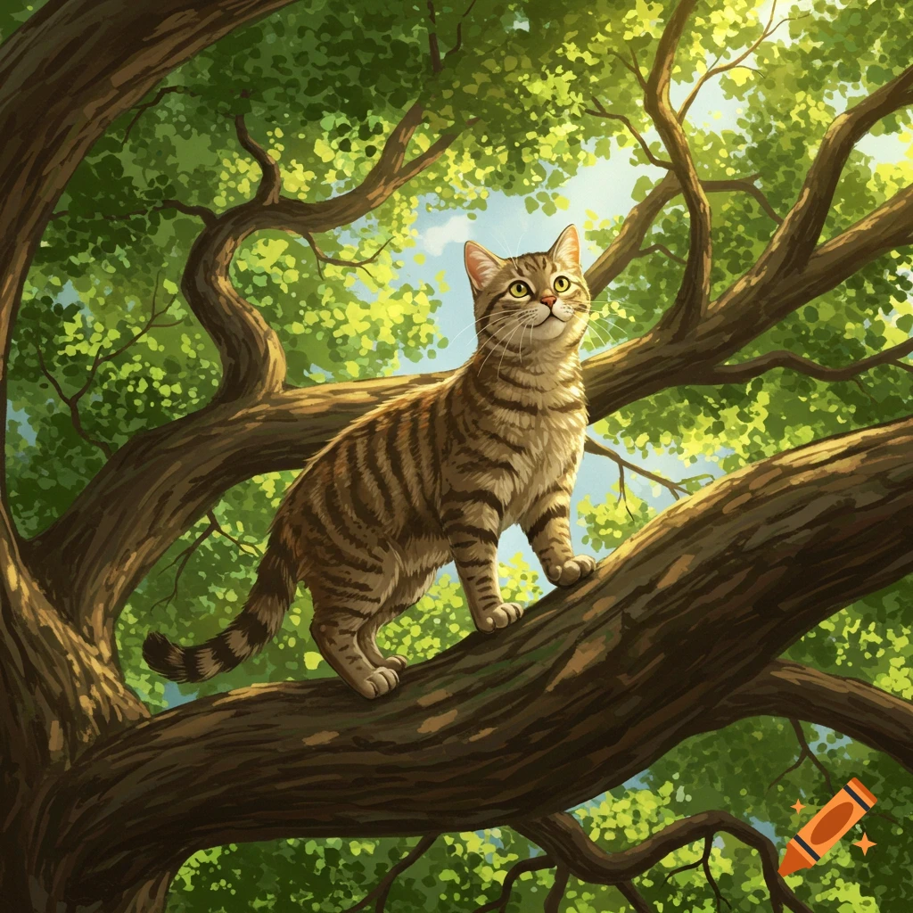 Brown tabby cat perched on a thick tree branch, looking up at the lush green leaves and bright blue sky, in an illustrative style.